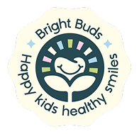 Logo for Bright Buds Pediatric Dentistry featuring a smiling tooth design surrounded by colorful segments, with the text "Happy kids healthy smiles" encircling it.