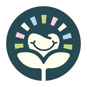 smiling tooth logo with colorful petals on dark blue circular background