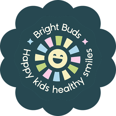 Bright Buds logo featuring a smiling face with colorful rays, surrounded by the text "Happy kids healthy smiles" on a scalloped background.